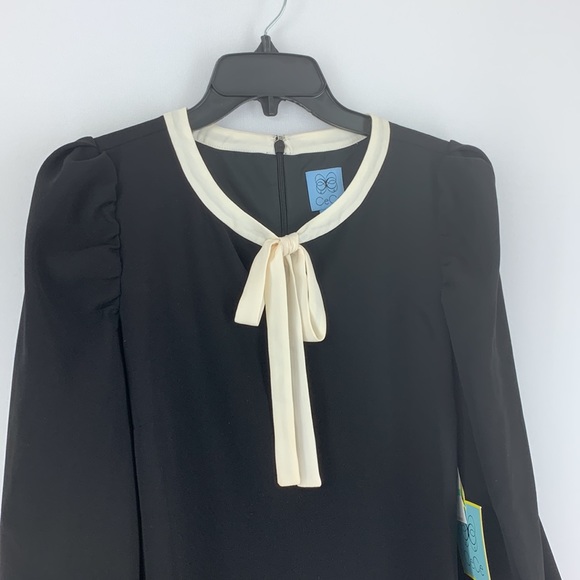 CeCe Velvet Petals Puffed Long Sleeve Black Dress w White Bow Size 8 - Picture 5 of 7